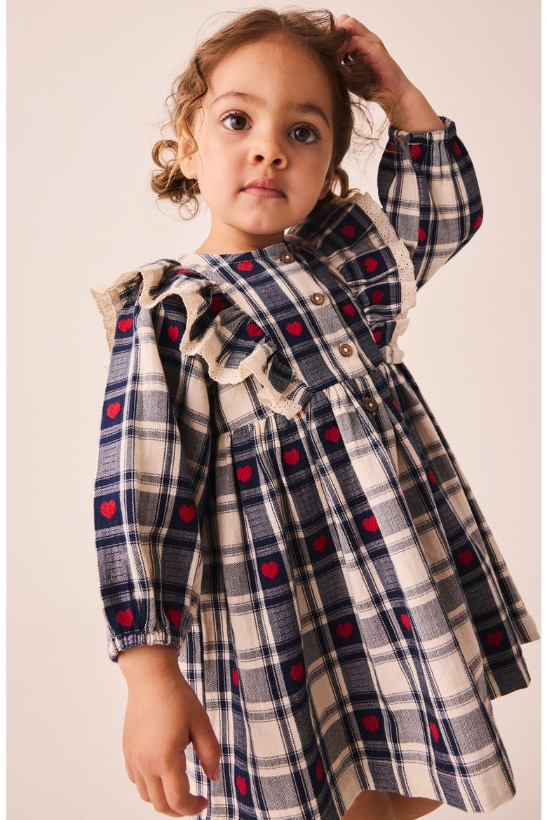 Kids' Embroidered Heart Check Frill Dress, Alternate, color, BLUE