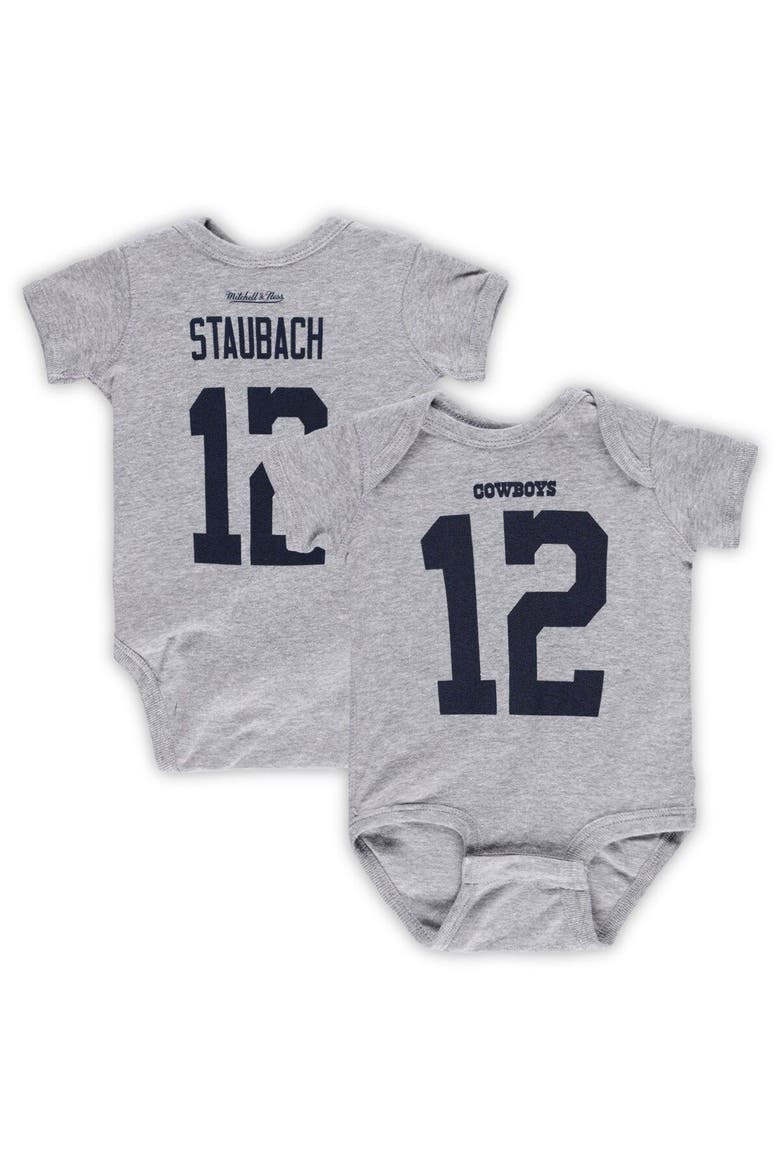 Newborn & Infant Mitchell & Ness Roger Staubach Heather Gray Dallas Cowboys Retired Player Mainliner Name & Number Bodysuit, Main, color, Heather Gray