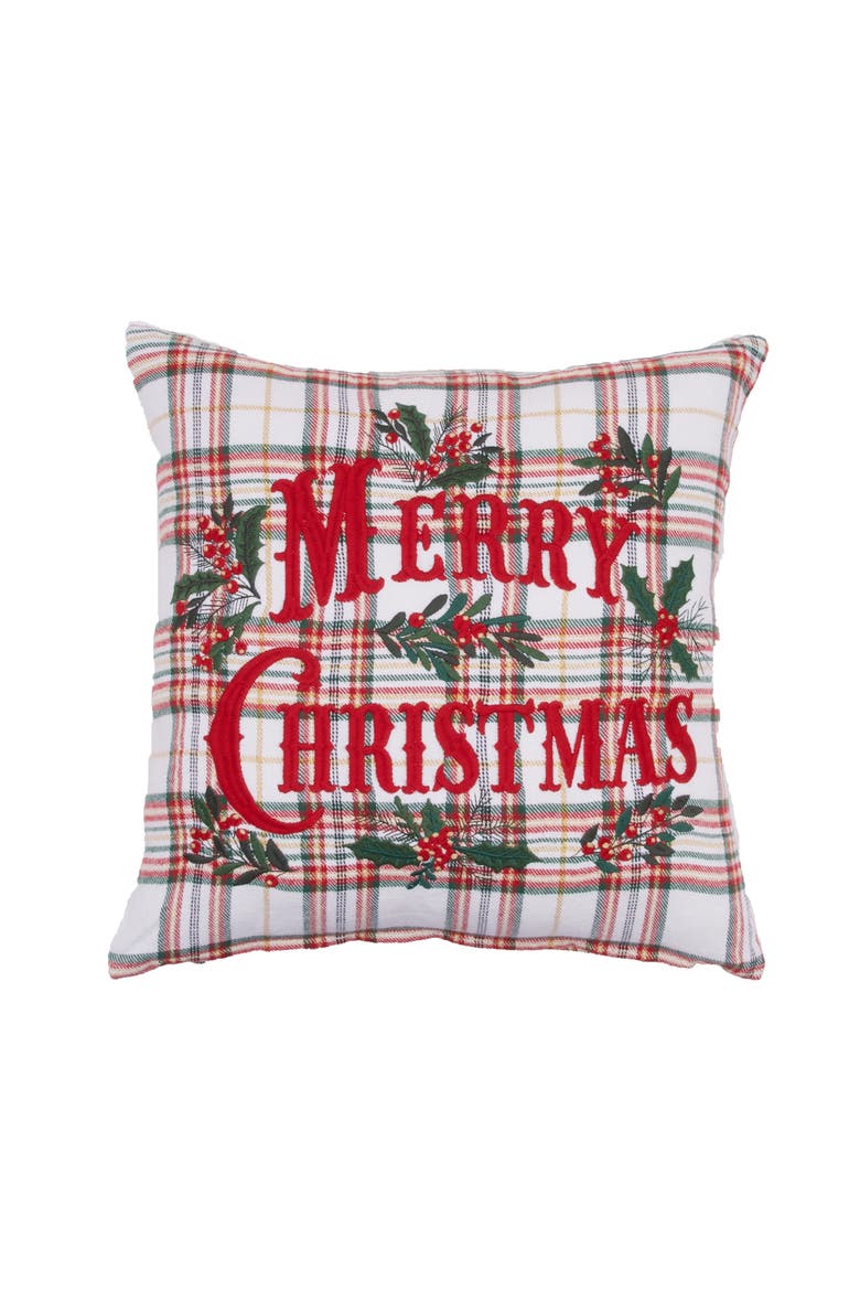 Merry Christmas and Botanical Berries on Plaid Throw Pillow 18" x 18", Main, color, Red