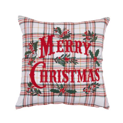 Merry Christmas and Botanical Berries on Plaid Throw Pillow 18" x 18"