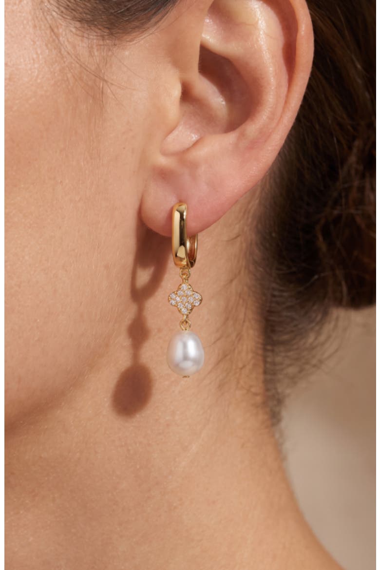 Maria Imitation Pearl Clover Drop Huggie Hoop Earrings, Alternate, color, GOLD