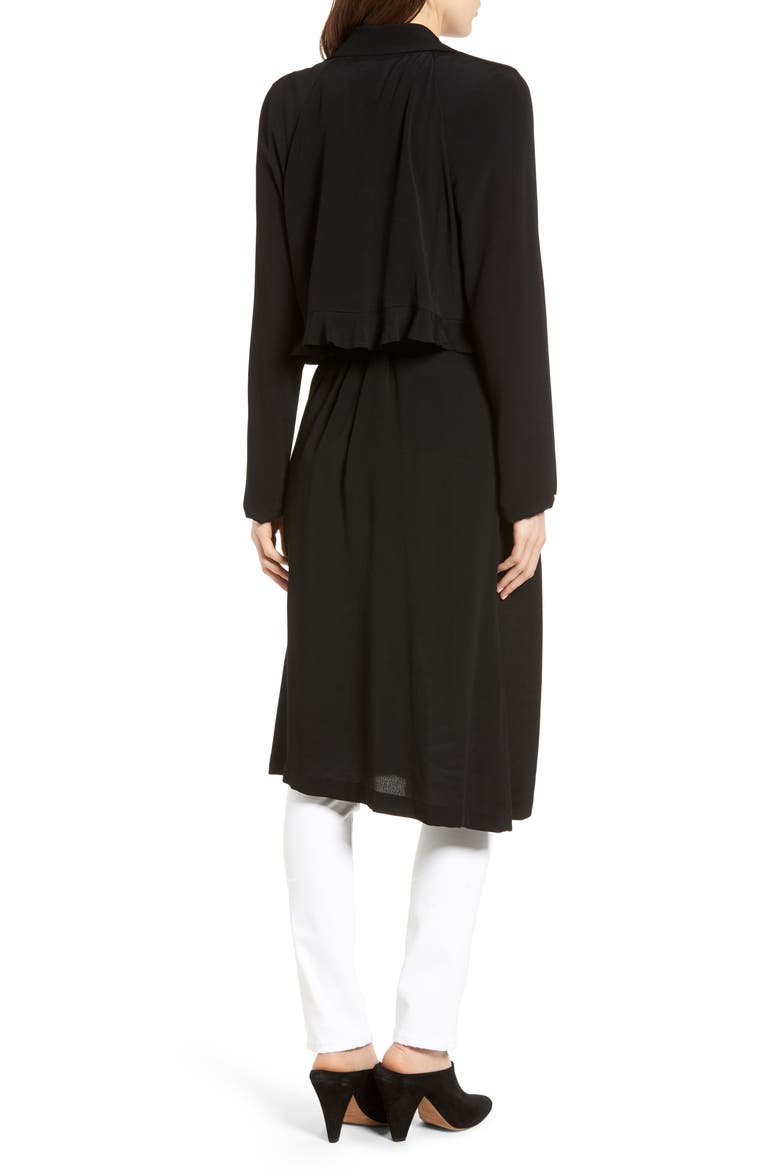Ruffle Drape Front Belted Duster Jacket, Alternate, color, BLACK
