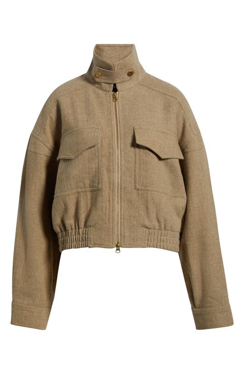 Herringbone Funnel Neck Wool Blend Jacket
