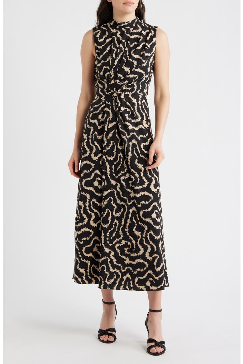 Print Stretch Twist Waist Dress, Main, color, BLACK/ TAN