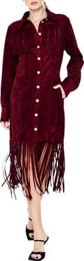 CIEBON Jimena Fringe Long Sleeve Faux Suede Midi Dress