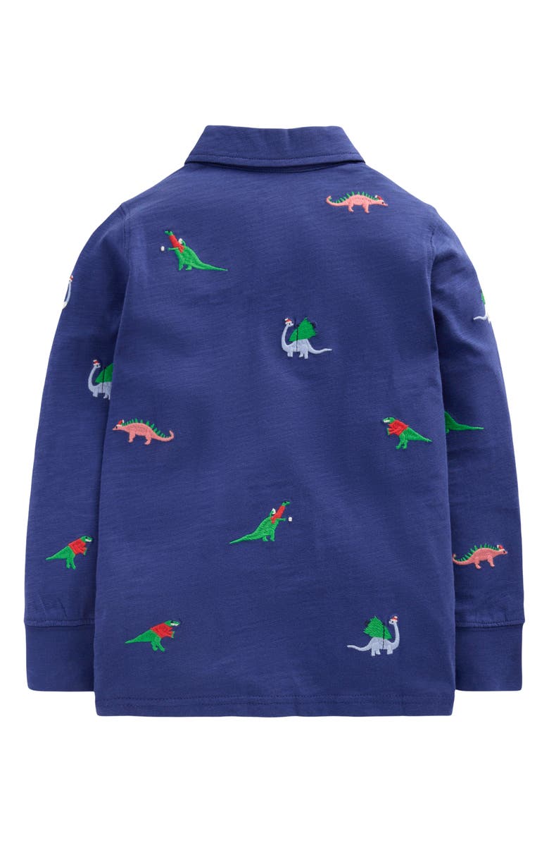Mini Boden Kids' Embroidered Slub Polo, Alternate, color, Starboard Blue Dino