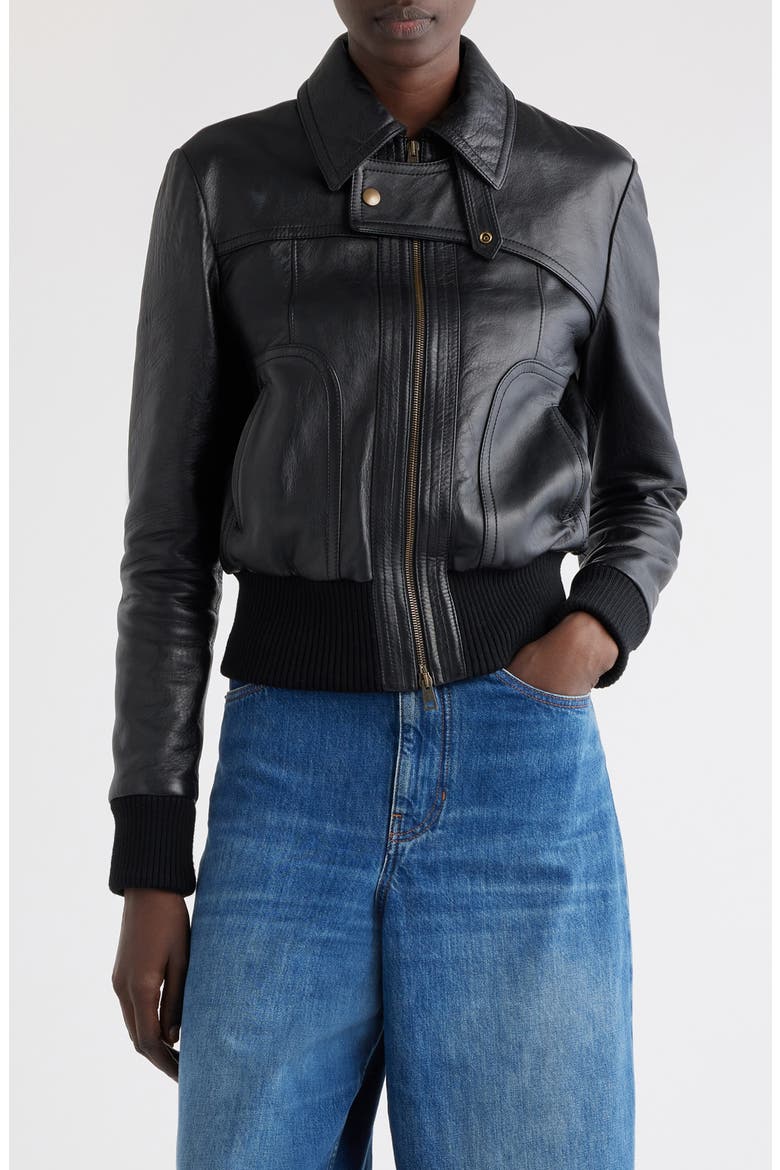 Sheepskin Leather Bomber Jacket, Main, color, BLACK