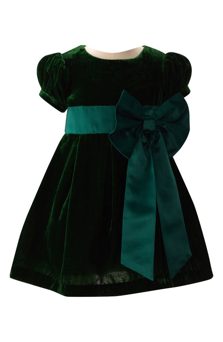 Rachel Riley Bow Puff Sleeve Crushed Velvet Party Dress, Main, color, 
