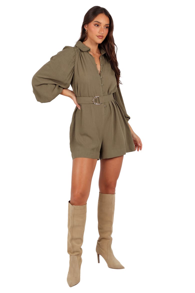 Louise Belted Button Front Three-Quarter Sleeve Romper, Main, color, KHAKI