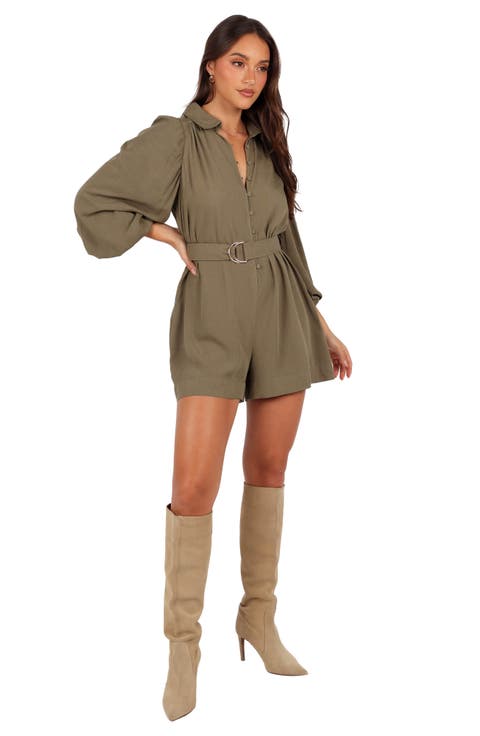 Louise Belted Button Front Three-Quarter Sleeve Romper
