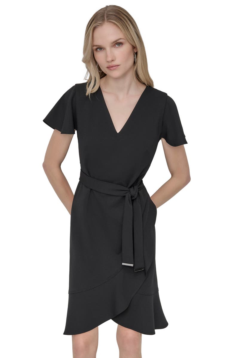 DKNY Short Sleeve Tulip Hem Fit & Flare Dress, Alternate, color, Black