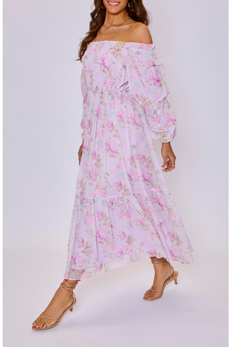 Meadow Floral Off the Shoulder Long Sleeve Maxi Dress, Alternate, color, LILAC PINK