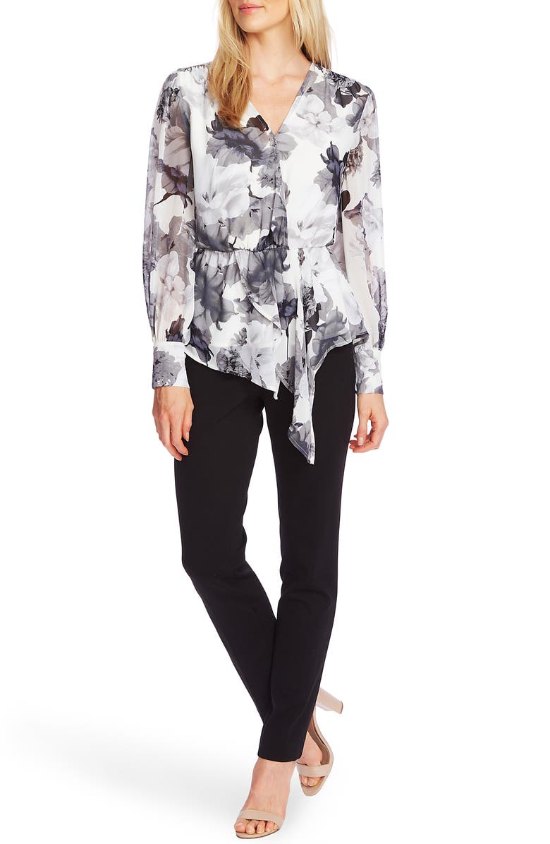 Vince Camuto Floral Asymmetrical Hem Long Sleeve Top, Alternate, color, 