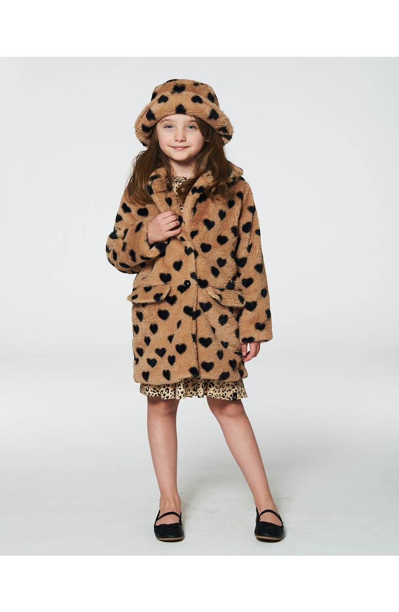 Deux par Deux Girl's Faux Fur Long Coat Caramel Printed Heart, Alternate, color, 