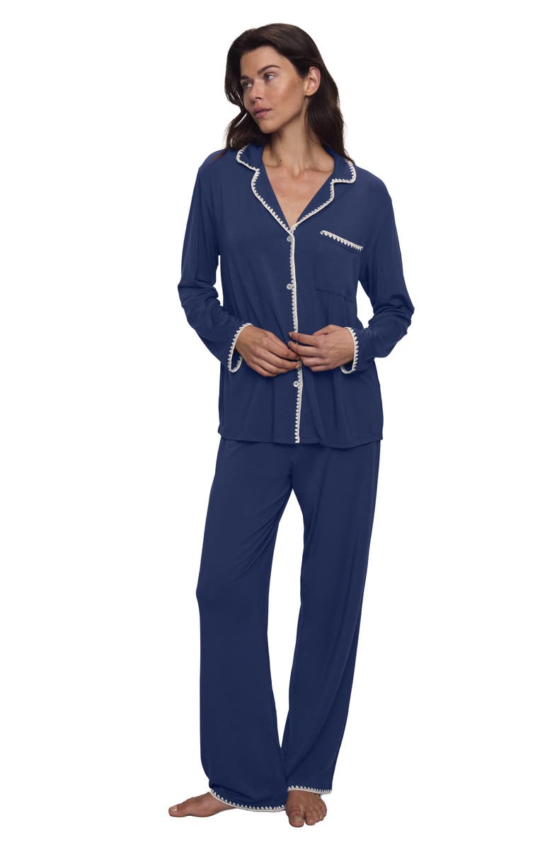 Eberjey Frida Contrast Embroidery Knit Pajamas, Main, color, Navy/ Ivory