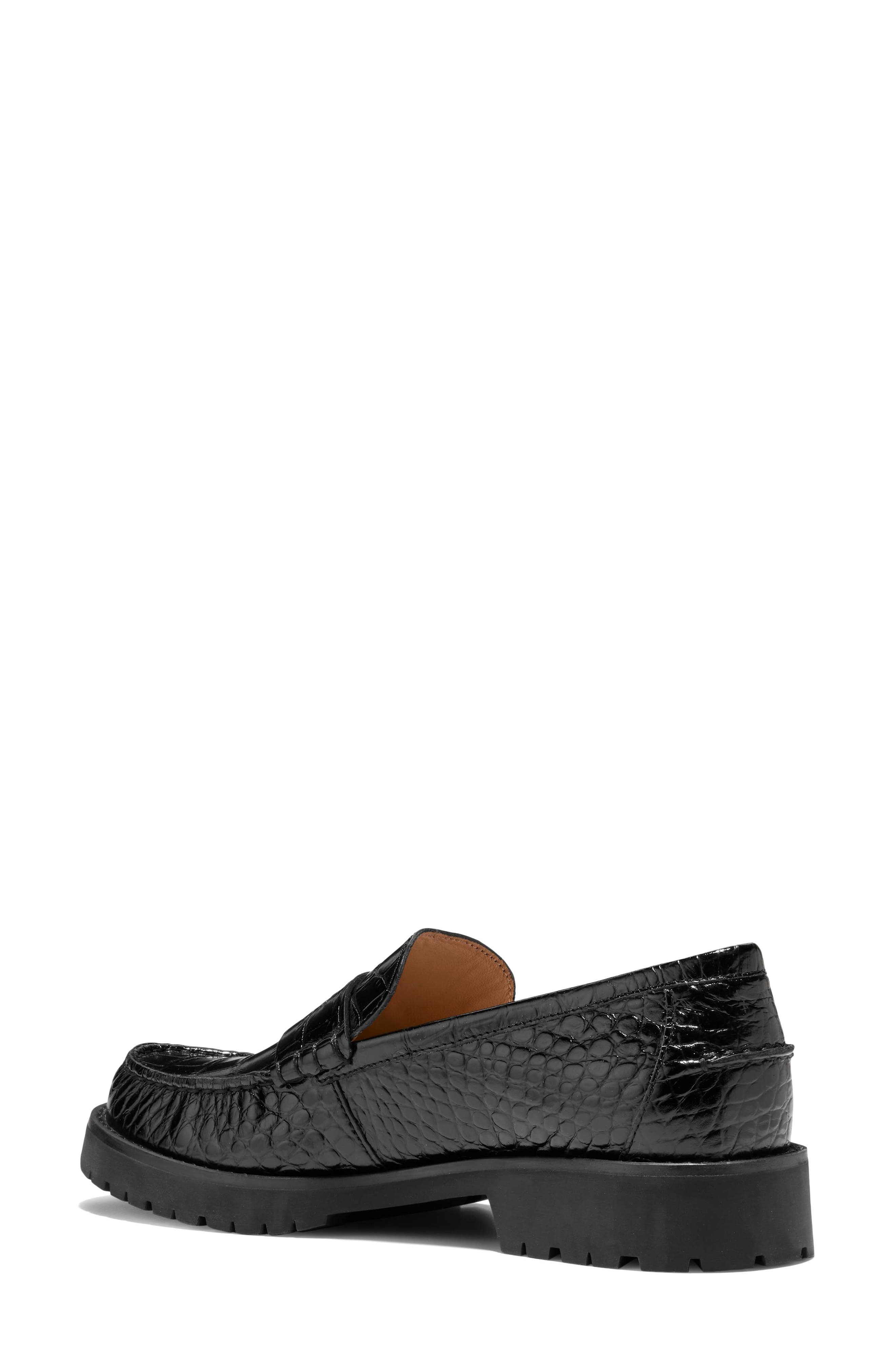 Treena Lug Penny Loafer, Alternate, color, BLACK CROC PRINT LEATHER