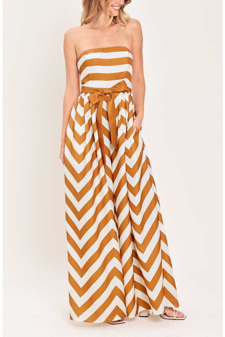 Printed Strapless Wide Leg Jumpsuit, Alternate, color, CAMEL STRIPE