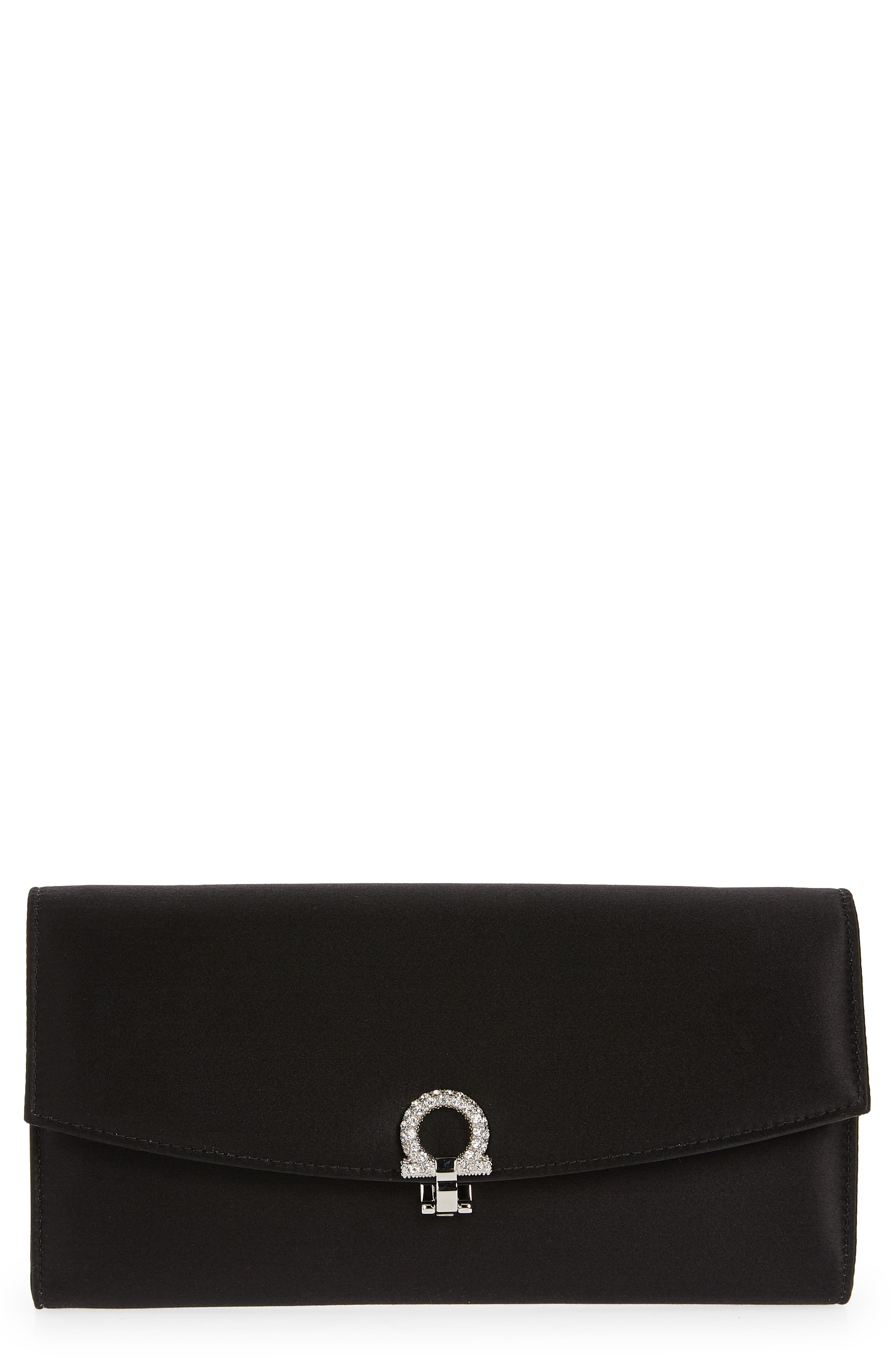 FERRAGAMO Crystal Embellished Gancio Clip Satin Clutch, Main, color, 