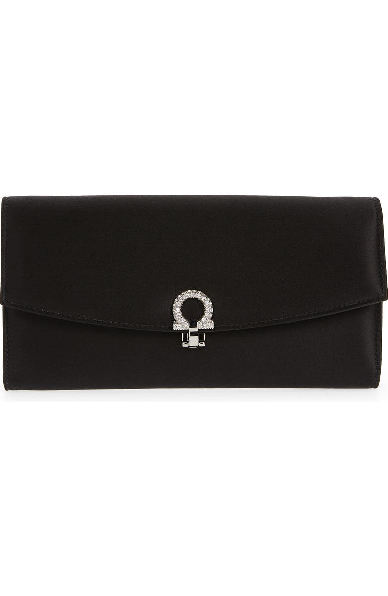 FERRAGAMO Crystal Embellished Gancio Clip Satin Clutch, Main, color,