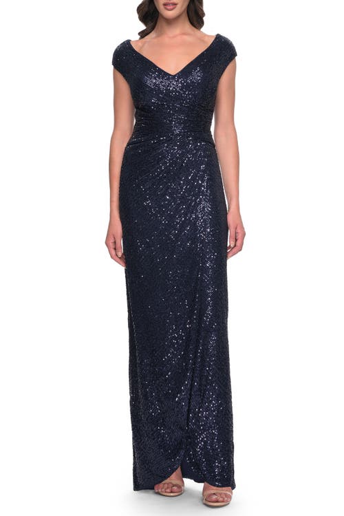 La Femme Sequin Evening Dress With Ruching And V Neckline In Navy