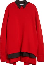 Sacai Mixed Media Long Sleeve Wool Suiting & Knit Sweater Dress
