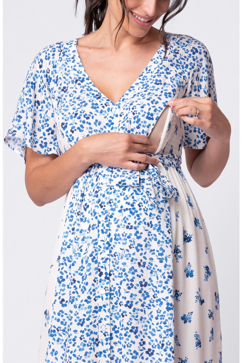 Floral Flutter Sleeve Maternity/Nursing Dress, Alternate, color, BLUE FLORAL