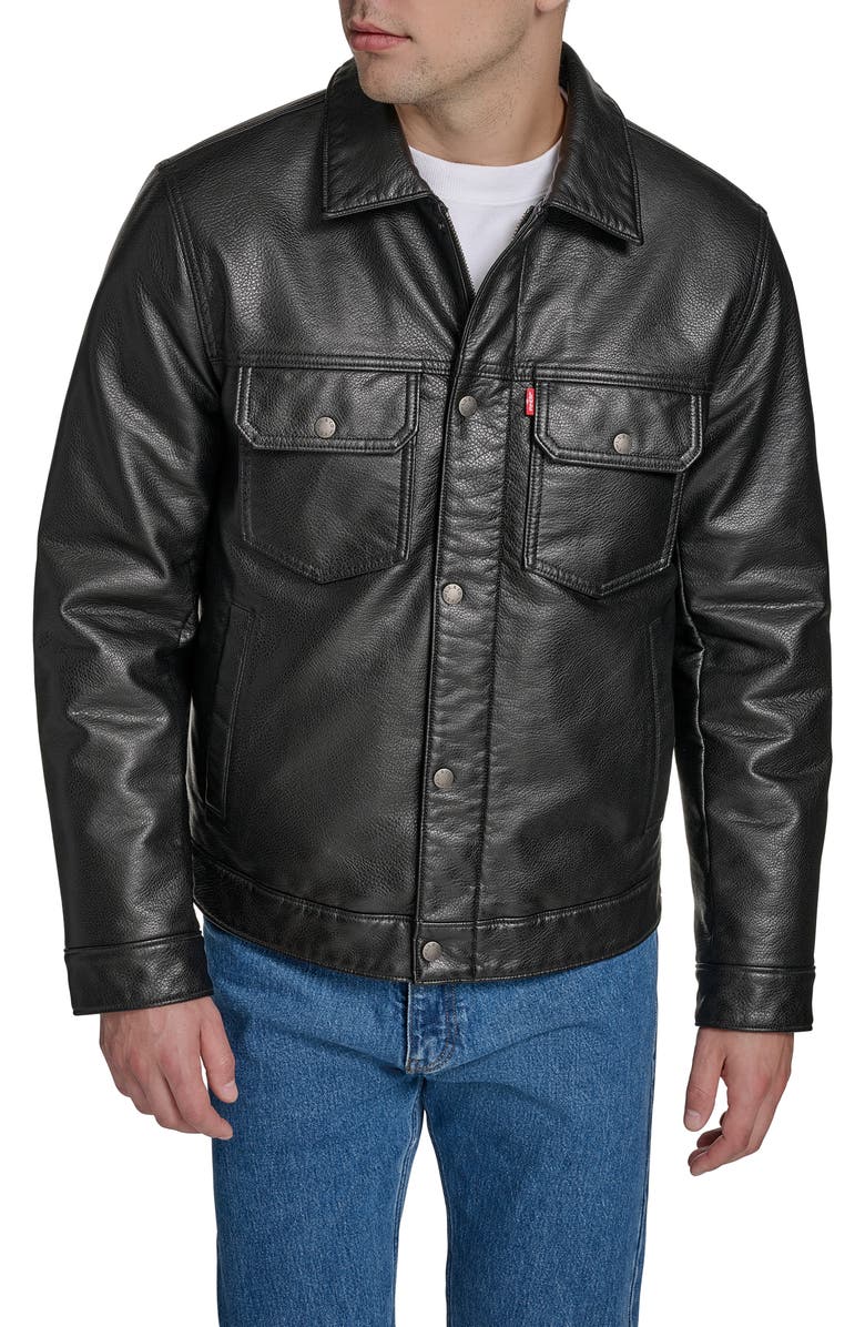 Levi's<sup>®</sup> Relaxed Water Resistant Faux Leather Trucker Jacket, Alternate, color, Black
