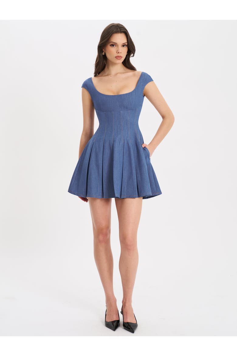 Sada Pleated Denim Mini Dress, Alternate, color, blue