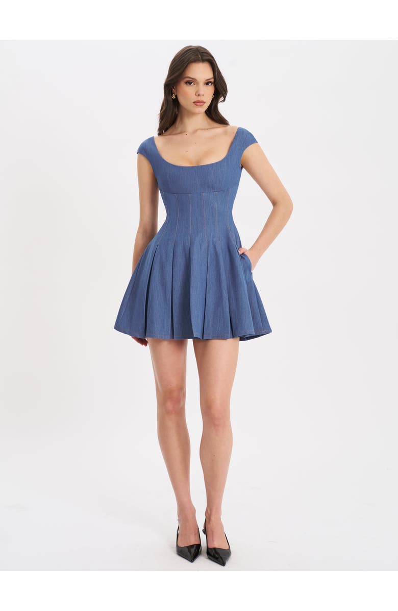 Miss Circle Sada Pleated Denim Mini Dress, Alternate, color, Blue