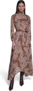 HALSTON Long Sleeve Paisley Printed Chiffon Midi Dress