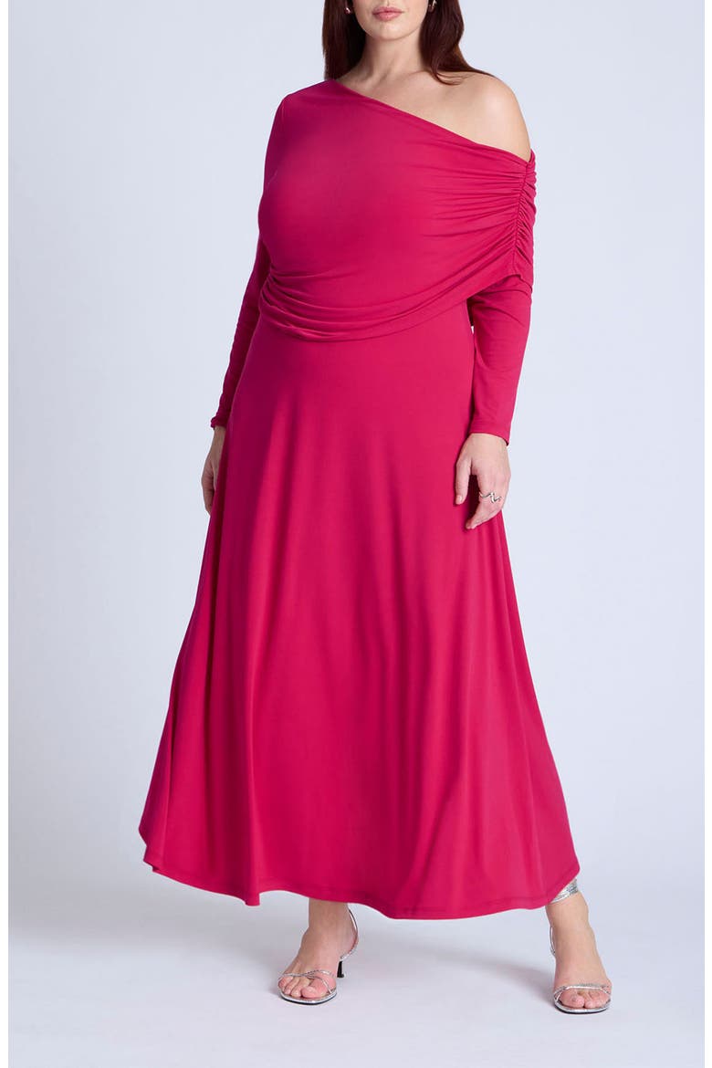 Shirred One-Shoulder Long Sleeve Dress, Main, color, CERISE