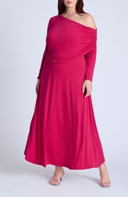 ELOQUII Shirred One-Shoulder Long Sleeve Dress