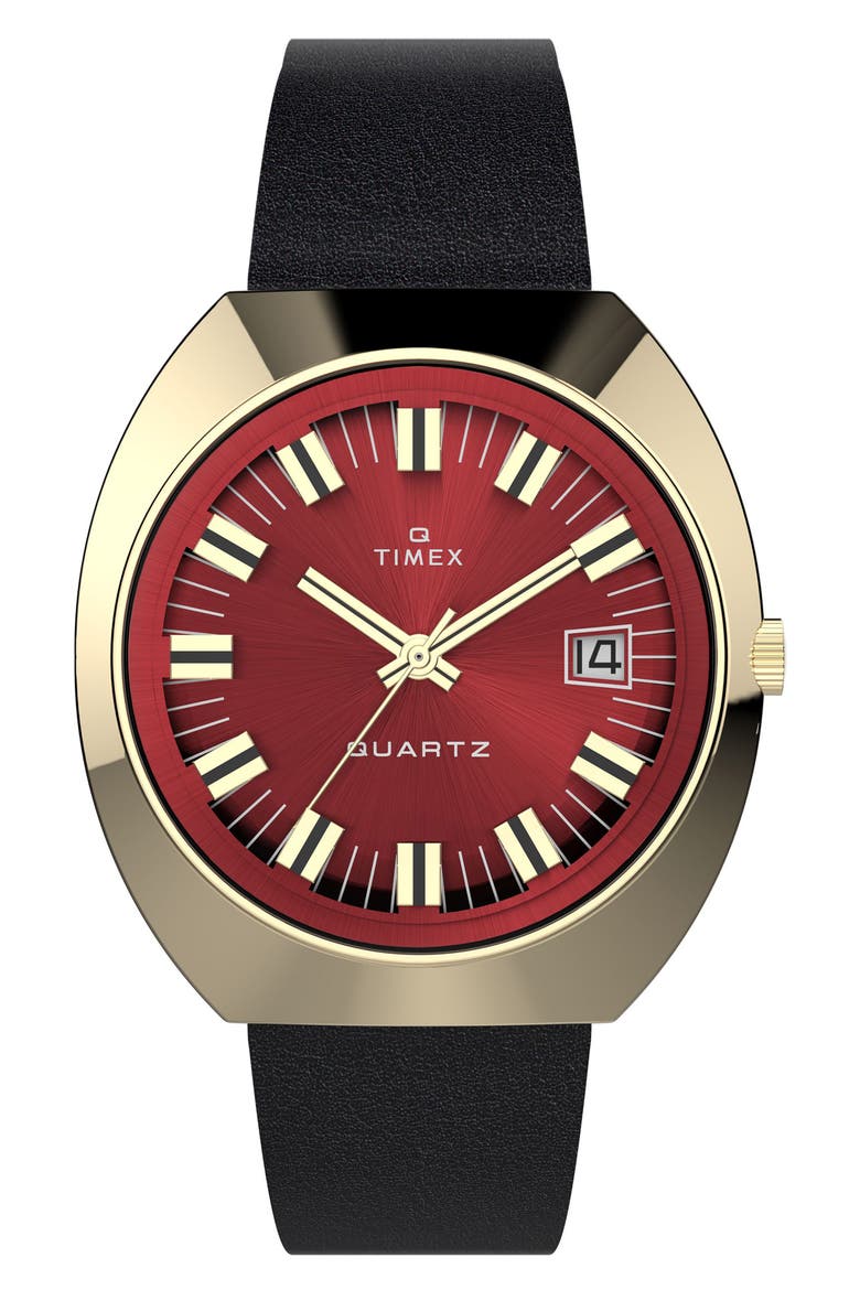 Q 1972 Reissue Leather Strap Watch, 43mm x 39mm, Main, color, GOLD