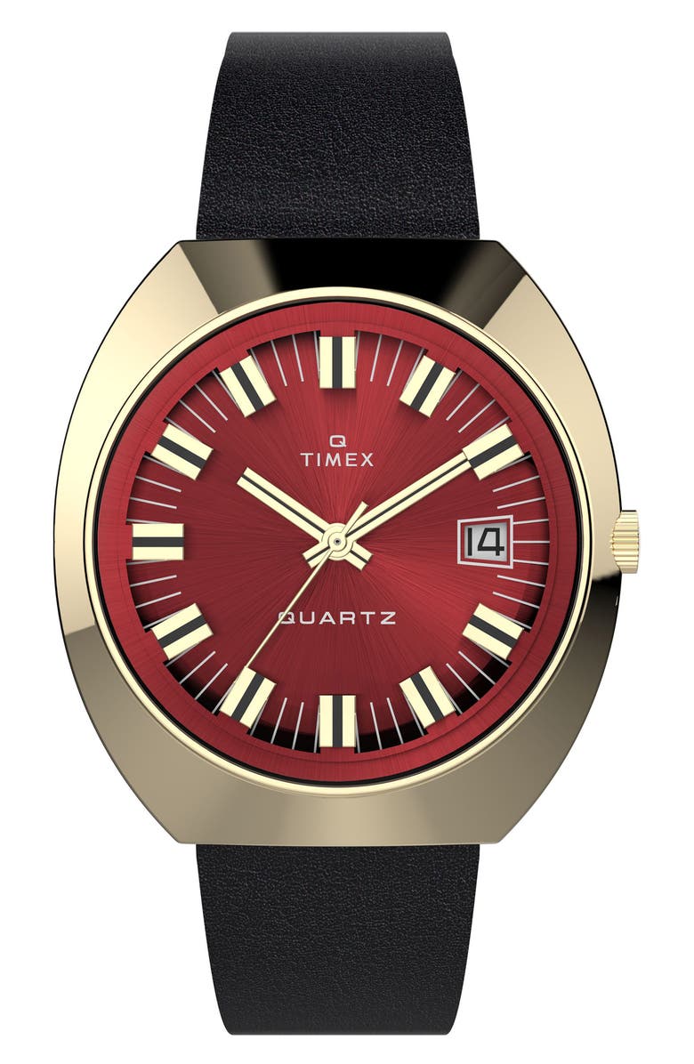 Timex<sup>®</sup> Q 1972 Reissue Leather Strap Watch, 43mm x 39mm, Main, color, Gold