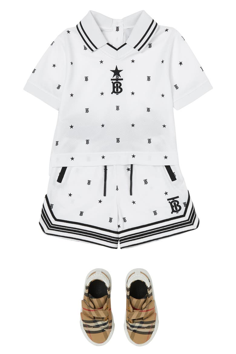 Mini Dafydd TB Star Print Mesh Polo, Alternate, color, WHITE/ BLACK PATTERN