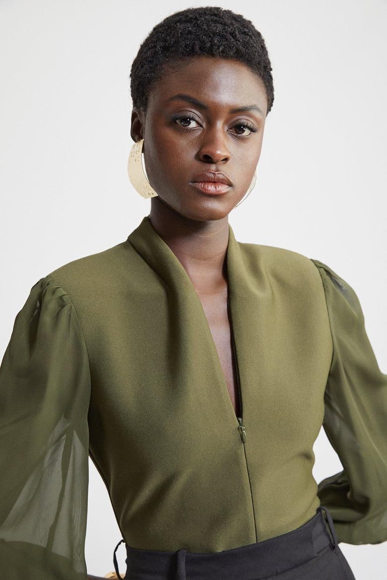 Zip Detail Chiffon Sleeve Knit Top, Alternate, color, Olive