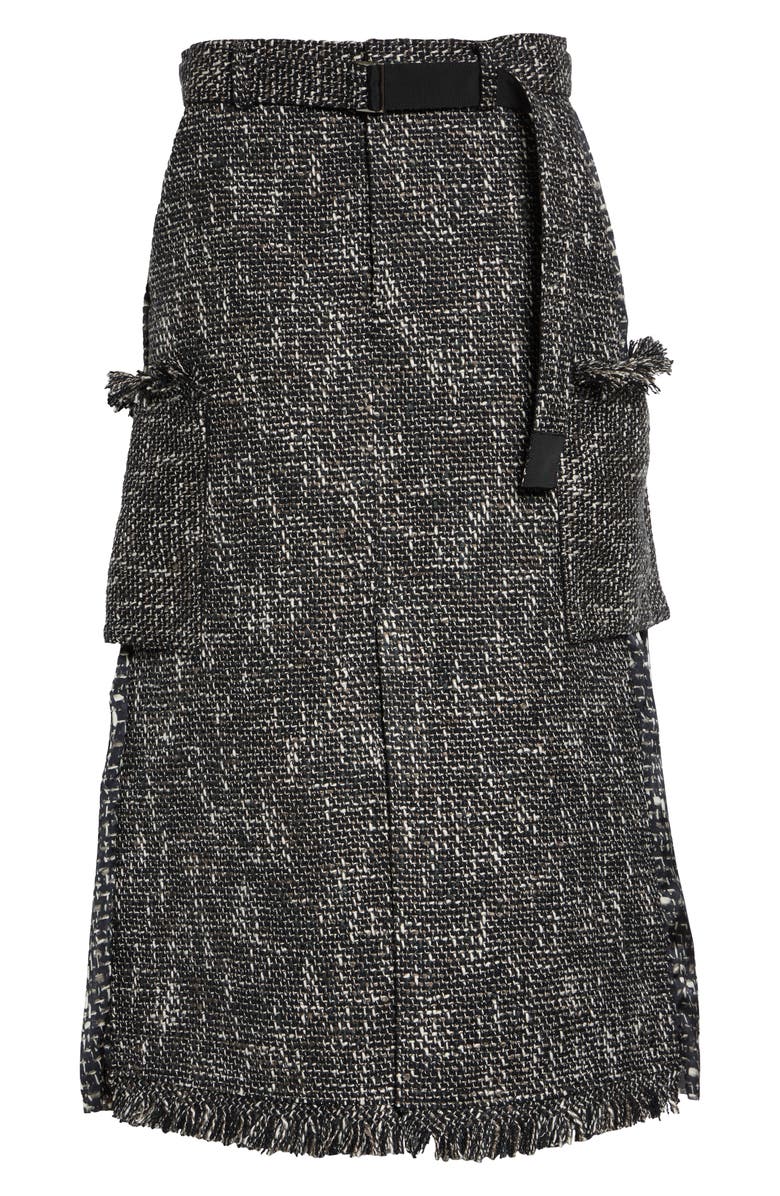 Sacai Mixed Media Fringe Tweed & Chiffon Skirt, Main, color, Black