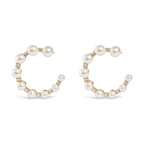 14k Yellow Gold 1/5 Cttw Diamond And Graduated South Sea Pearl Open Hoop Earrings