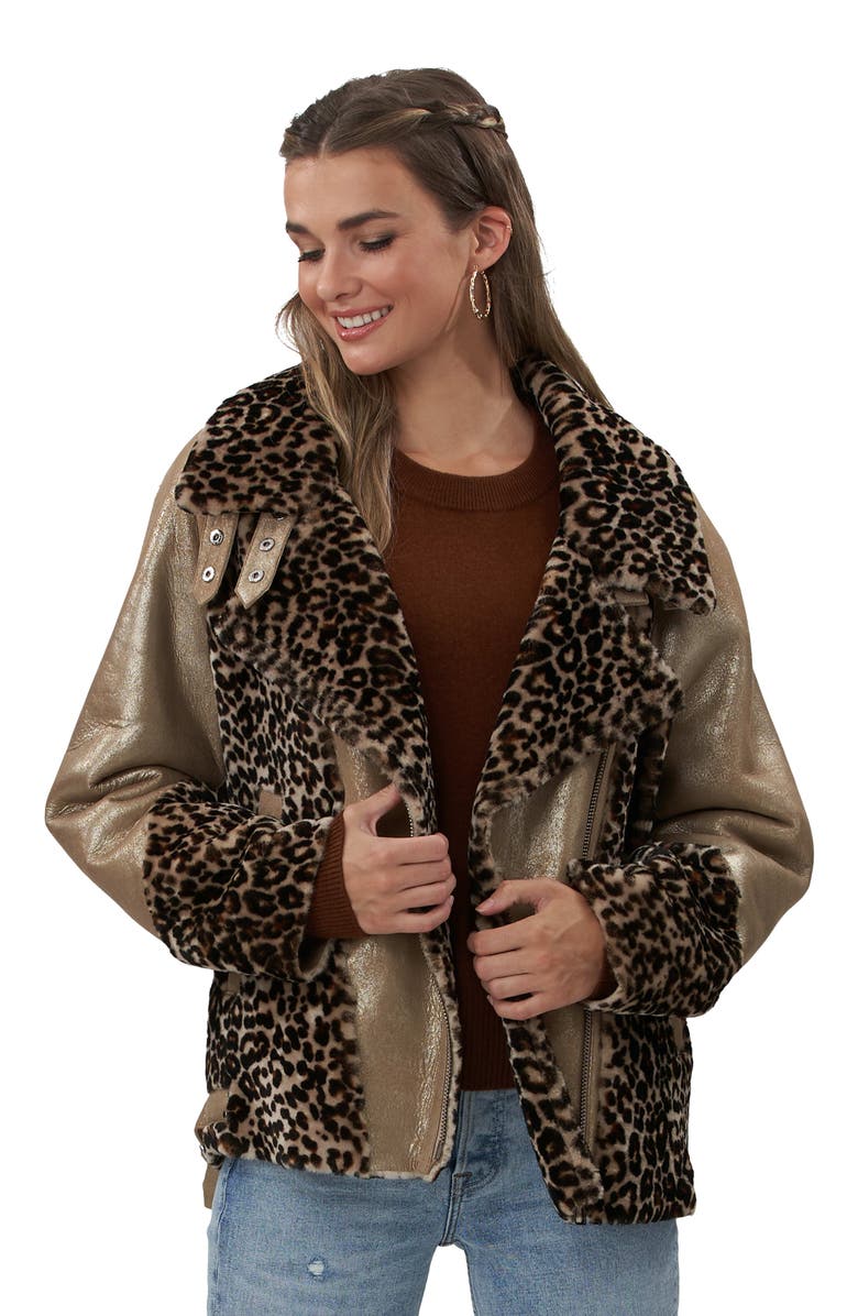 GORSKI Shearling Lamb Print Zip Moto Jacket, Alternate, color, Mini Lprd
