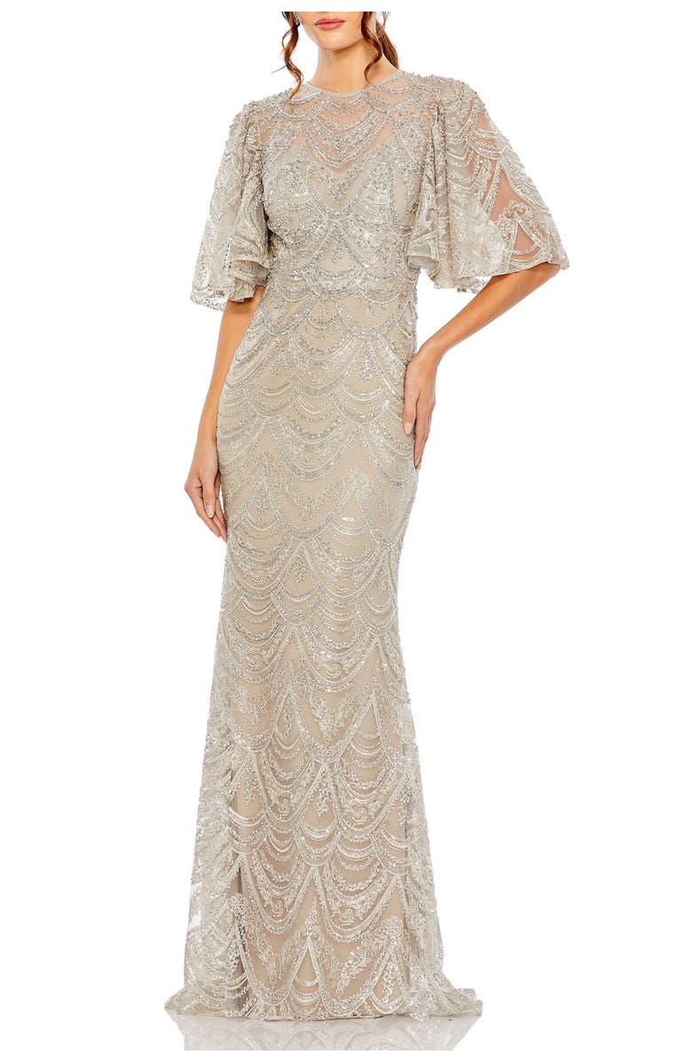 Mac Duggal Flutter Sleeve High Neck Gown, Main, color, Taupe