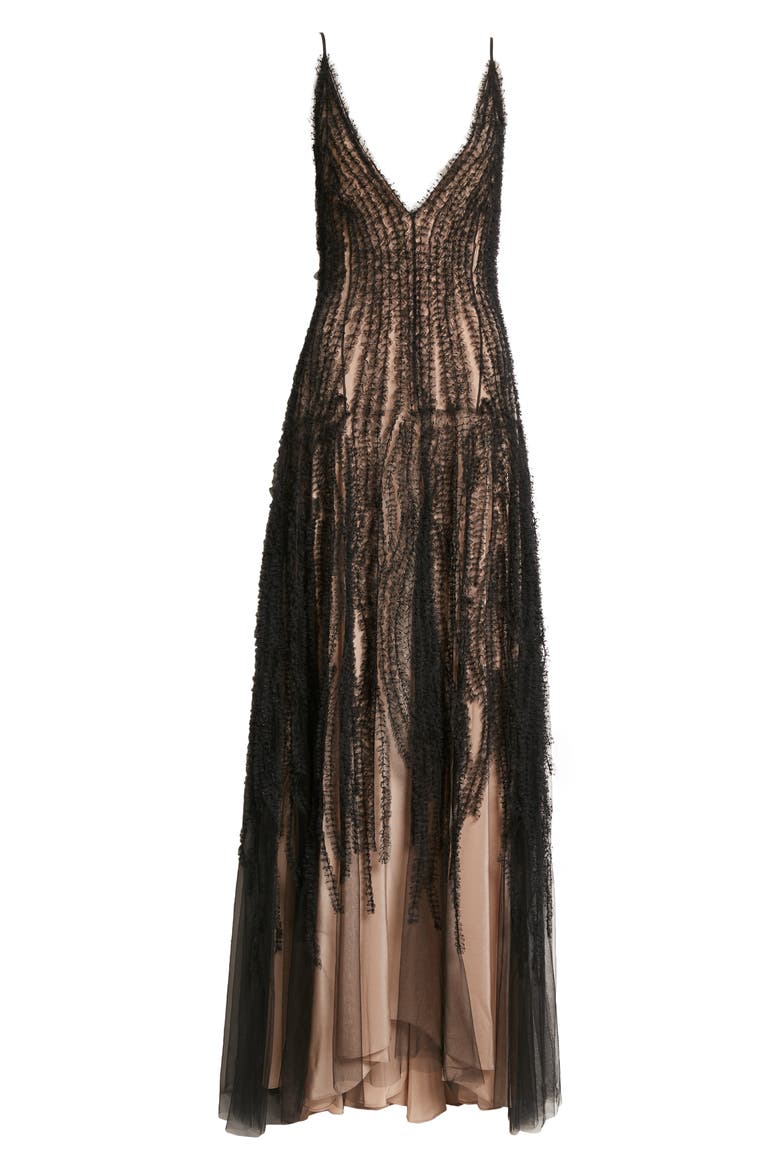 Embroidered Ruffle Plunge Neck Gown, Alternate, color, BLACK