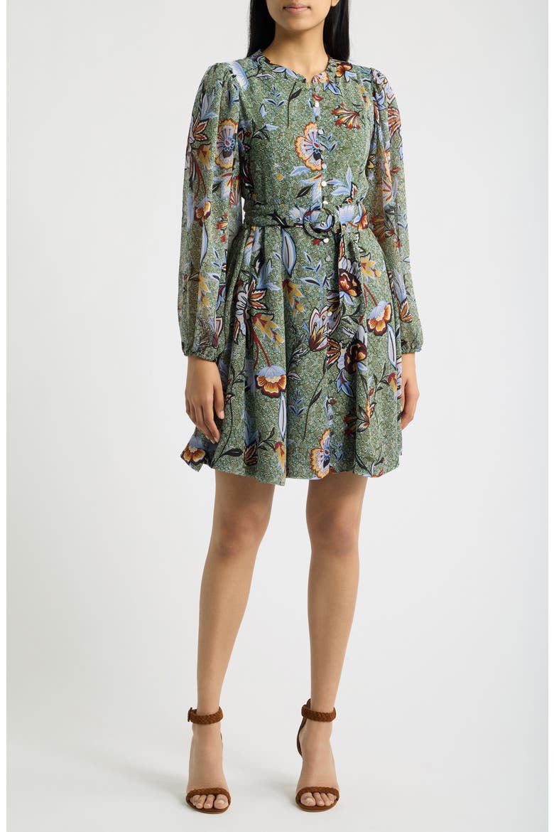 Print Belted Long Sleeve Dress, Main, color, COBALT BLUE