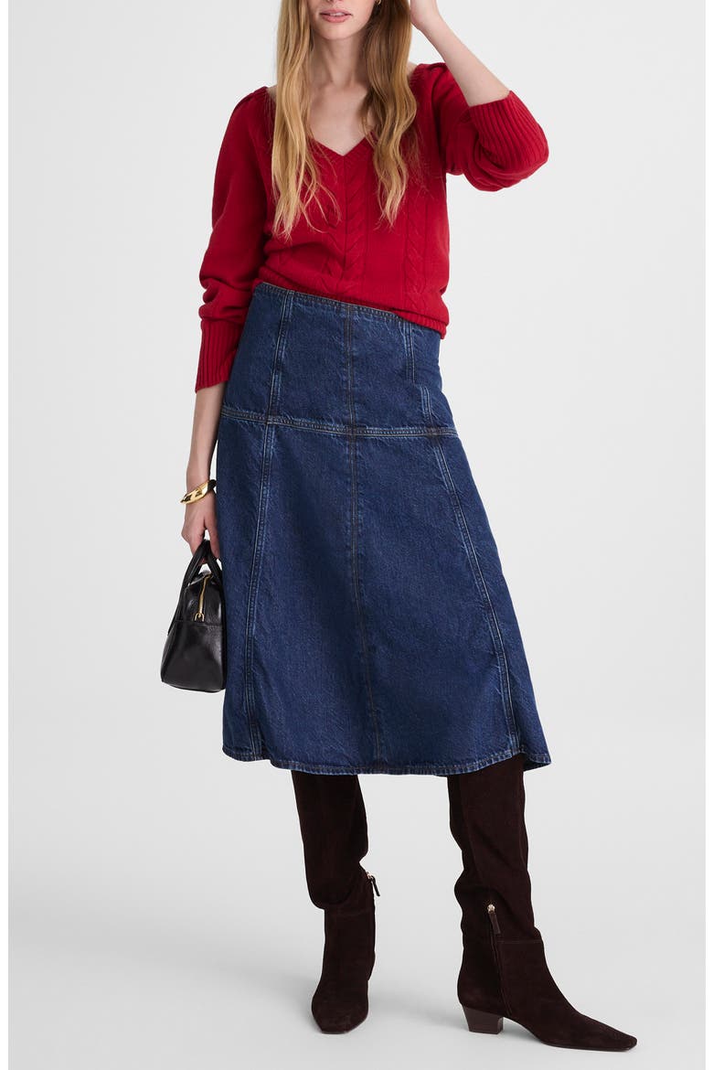 Denim Fit & Flare Midi Skirt, Alternate, color, MCKINNEY WASH