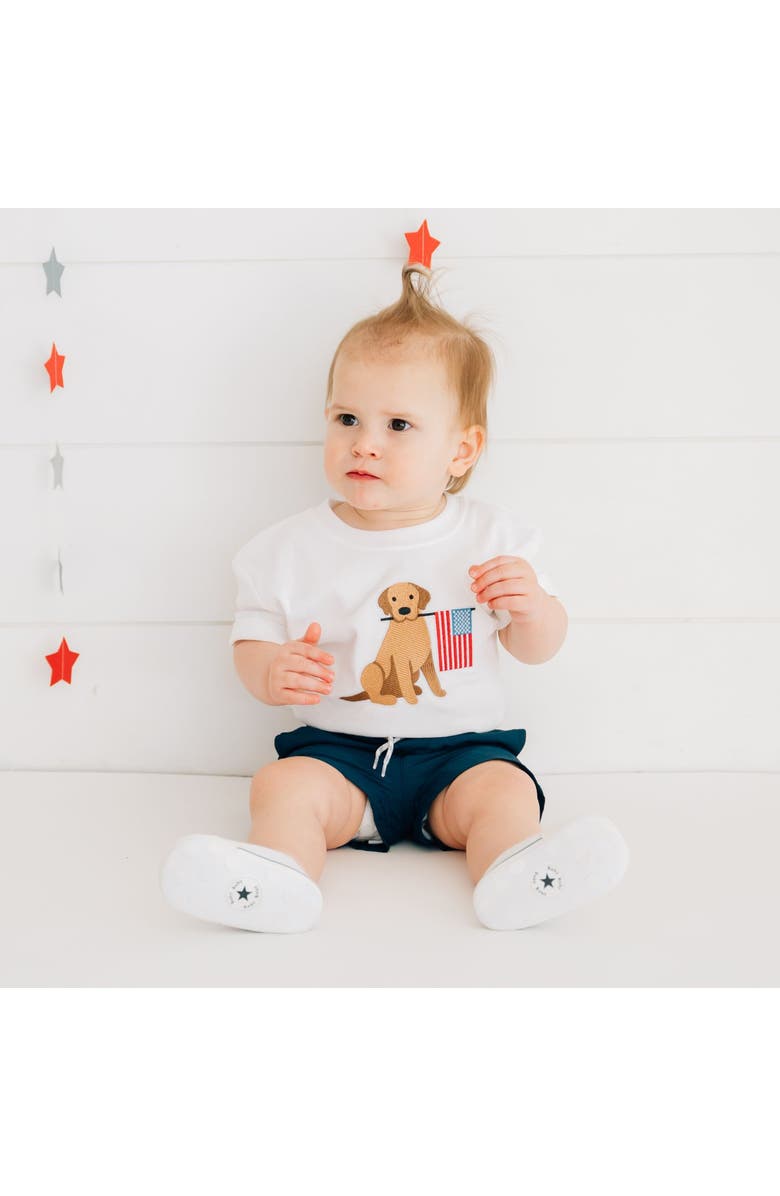 Sweet Wink Patriotic Pup Patch Short Sleeve Romper, Alternate, color, White