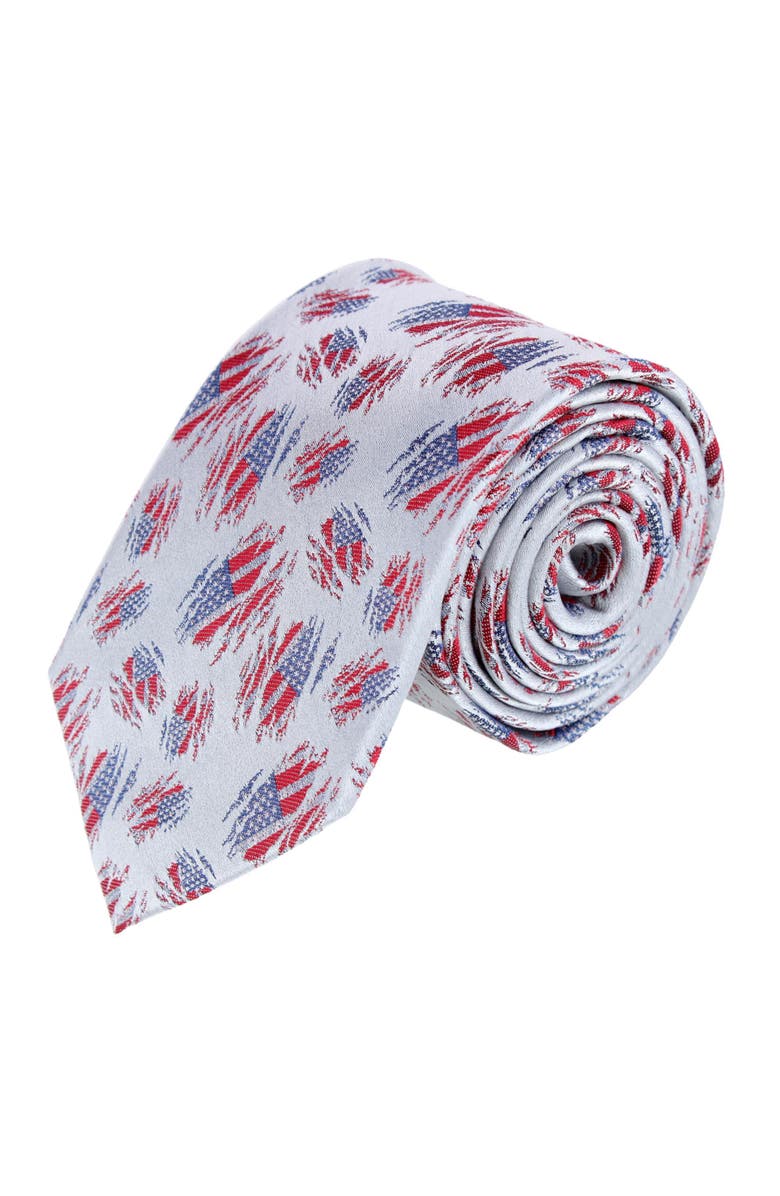Trafalgar Stars & Stripes Secret Silver Silk Novelty Necktie, Main, color, Silver