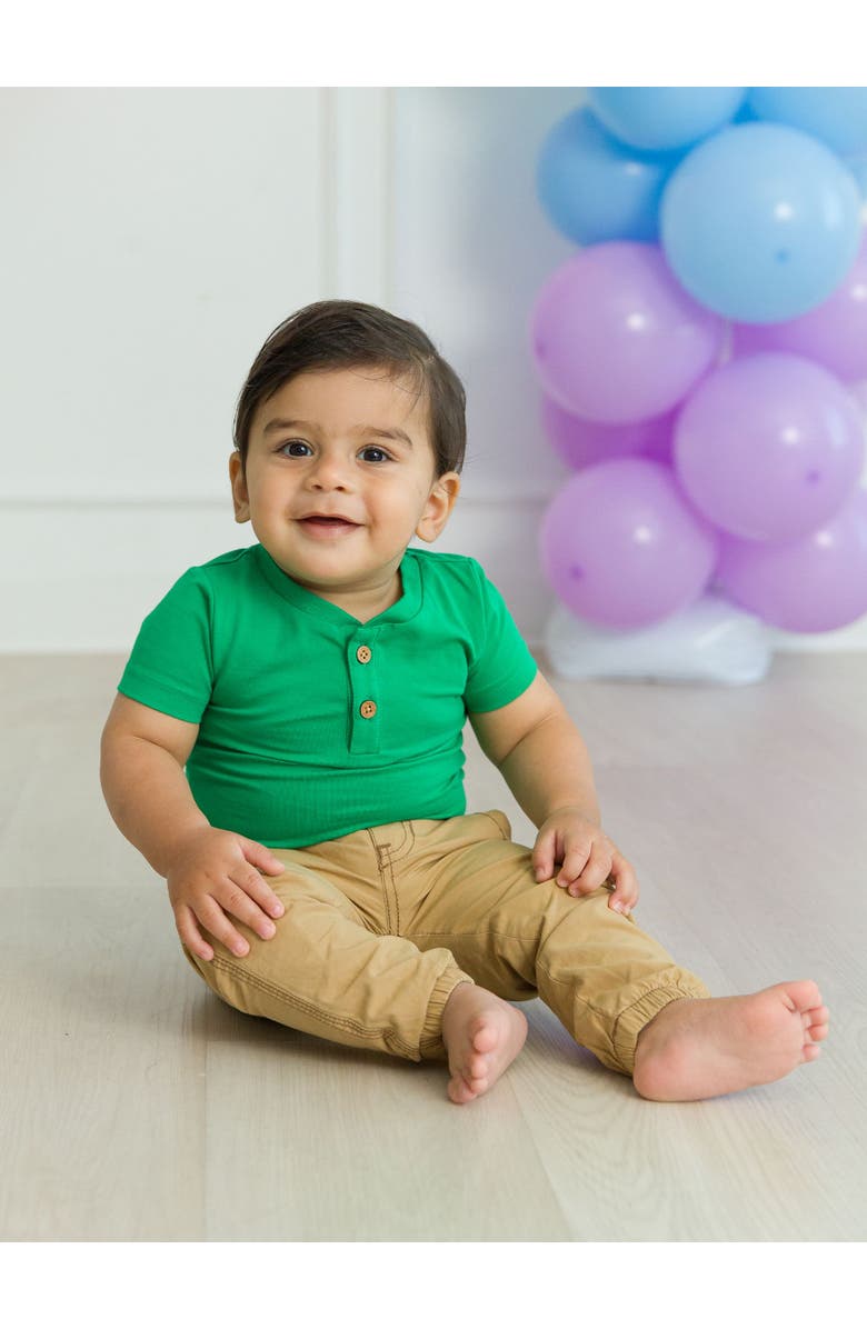 RuffleButts Baby Boys Short Sleeve Knit Henley Bodysuit, Alternate, color, Green