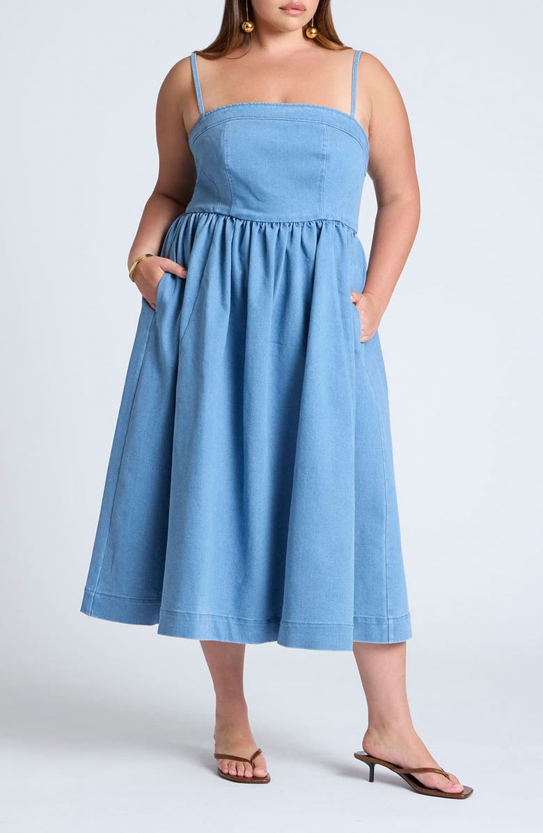 ELOQUII Corset Bodice Denim Midi Dress, Main, color, 