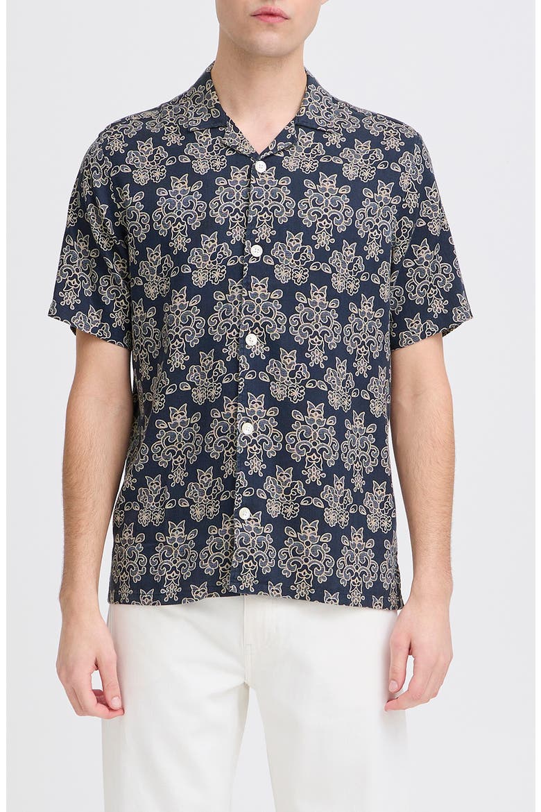 Regular Fit Cotton Blend Camp Shirt, Main, color, NAVY BLAZER