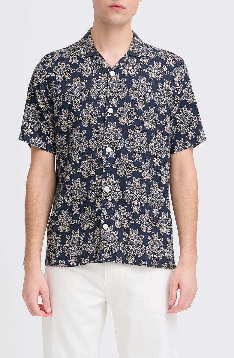 CASUAL FRIDAY Regular Fit Cotton Blend Camp Shirt, Main, color, Navy Blazer