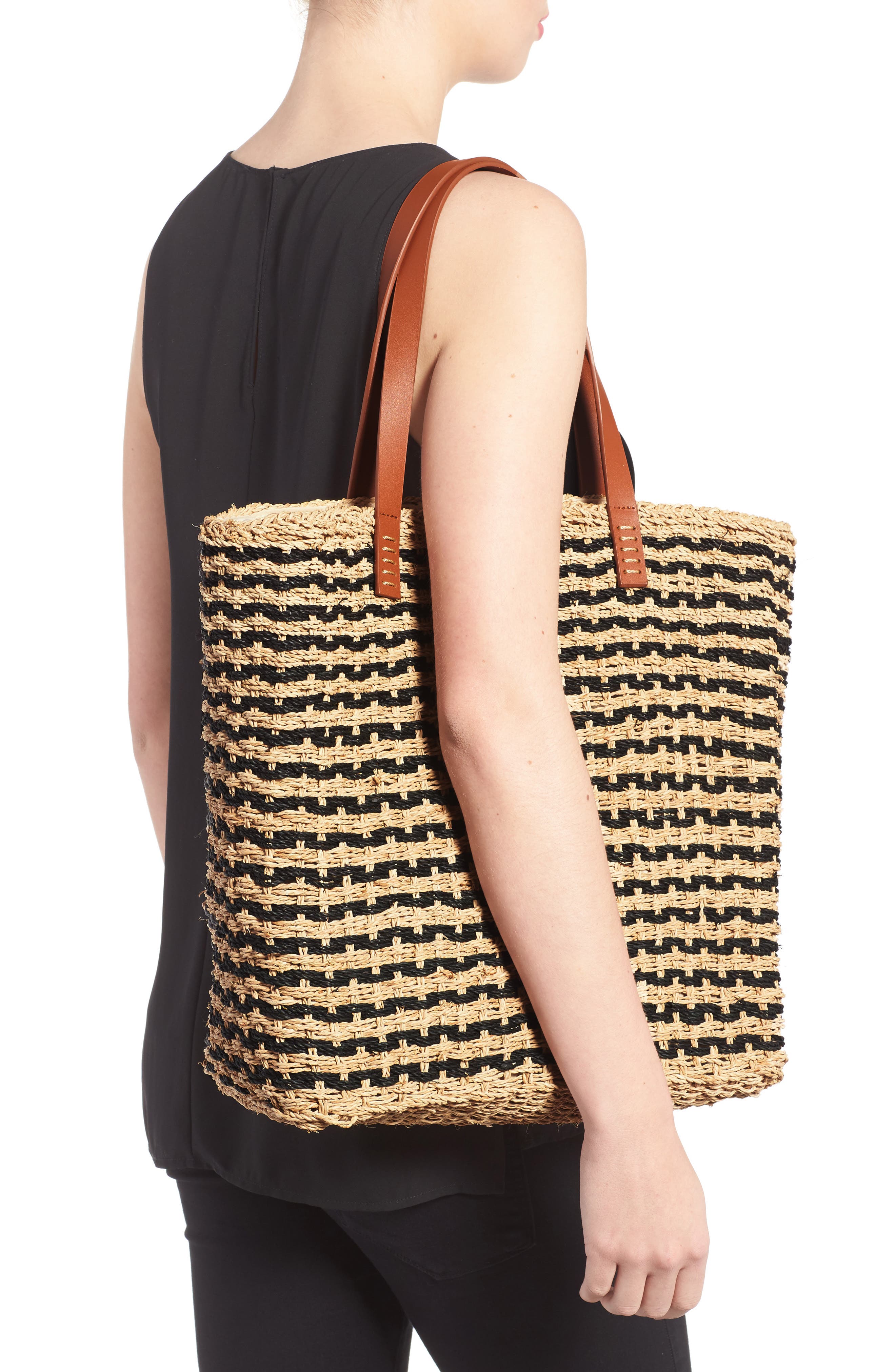 Stripe Raffia Tote, Alternate, color, NATURAL/ BLACK